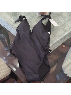 𝅺aleefa Monokini Solid One Piece Swimsuit V Cutout XL Black